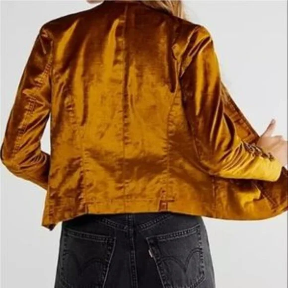 Free People Military Gold Orange Yellow Velvet MilitaryJacket Size Medium M - Picture 2 of 10